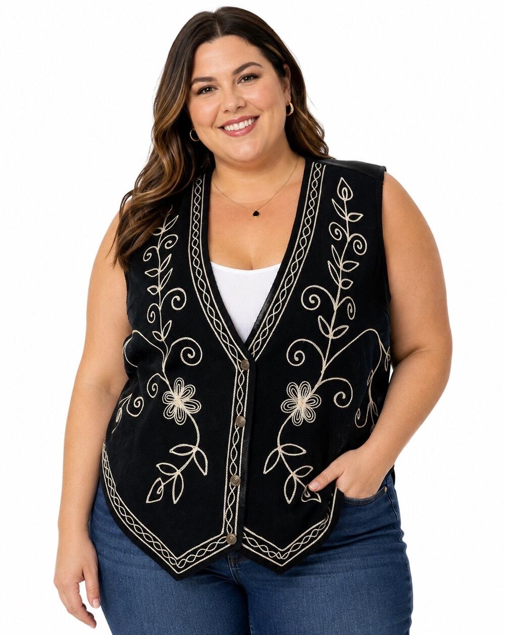 Vintage ‘90s Agapo Collection Black Genuine Leather Floral Embroidered Vest